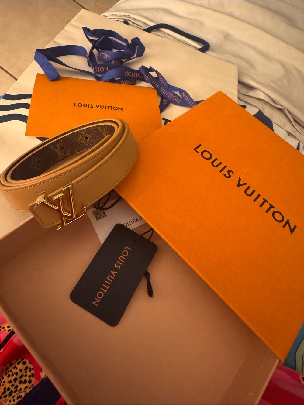 Louis Vuitton Tan Leather Belt with Gold LV Buckle